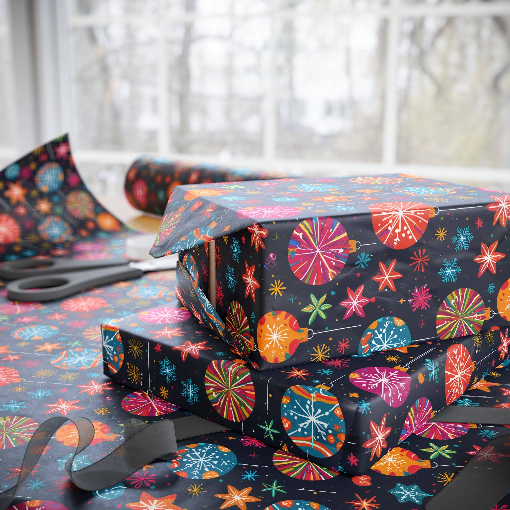 Lokipawz - Wholesale Flat Wrap - Bauble Blitz – Neon Ornament Holiday Wrapping Paper14