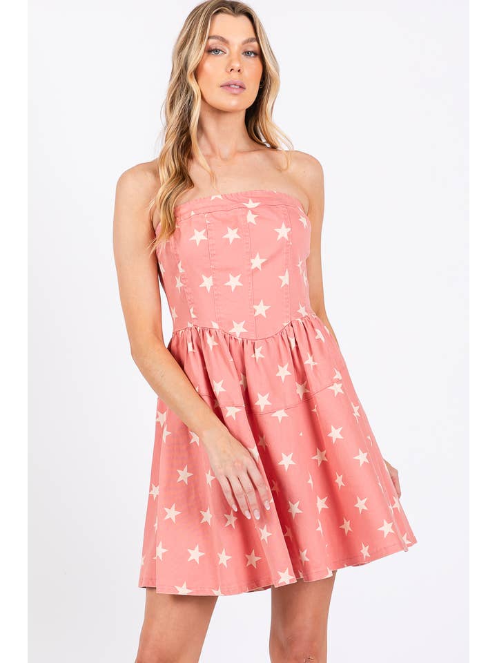 GeeGee x Lovelo - Wholesale Dress - Women's - Star Print Denim Mini Dress: MD506306