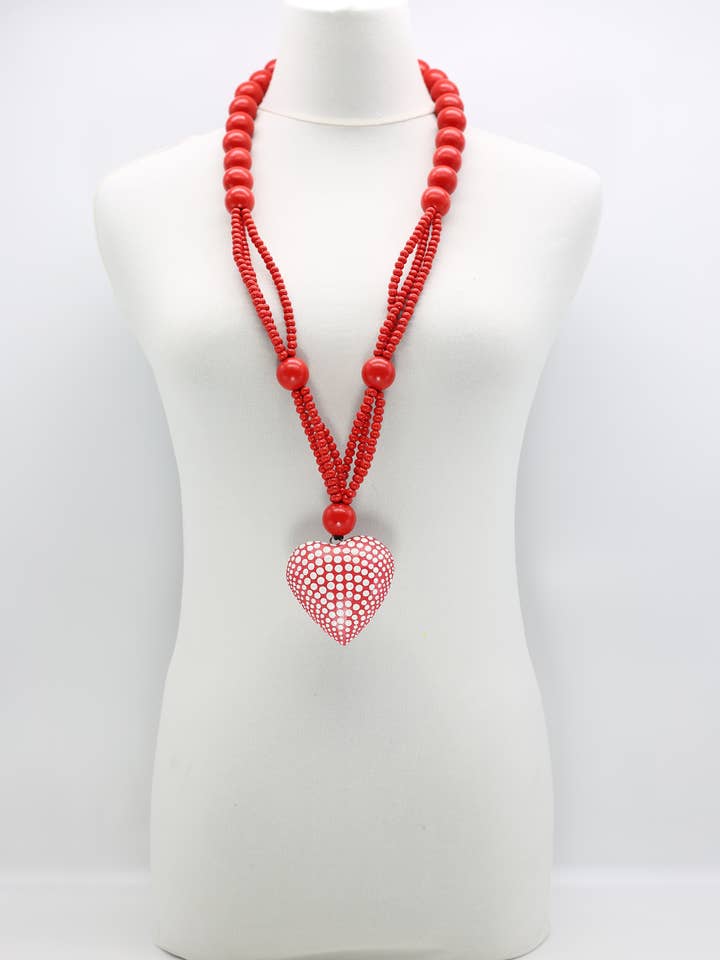 Small Recycled Wooden Beads With Hand-Dotted Heart Necklace for wholesale by Jianhui London