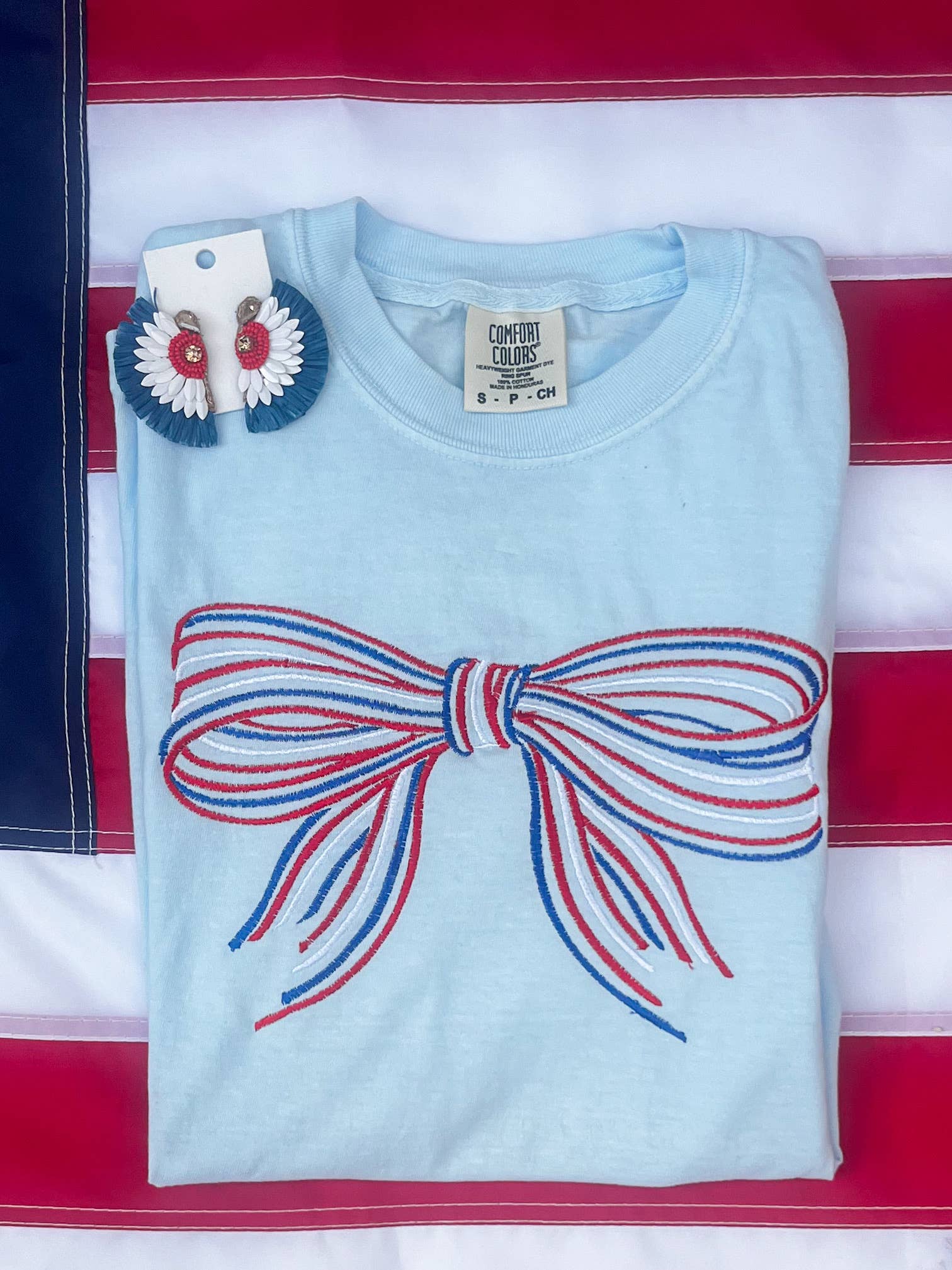 Lakely Claire Wholesale - Wholesale T-Shirt - Women's - Red White and Blue Embroidered Bow Comfort Color Tee3