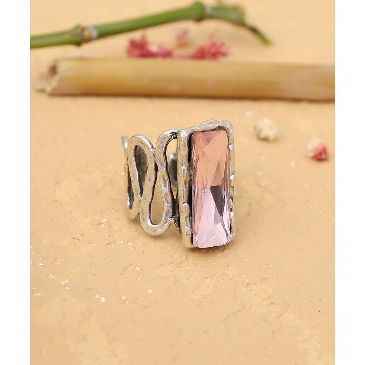 AVENS - Wholesale Cocktail/Statement Ring - Antique silver plated crystal stone adjustable ring