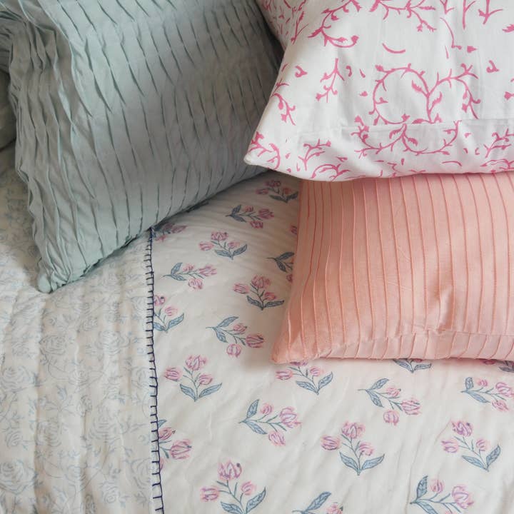 Constance & Denny - Wholesale Chair Cushion - PLEATED DUSTY PINK block printed cushion