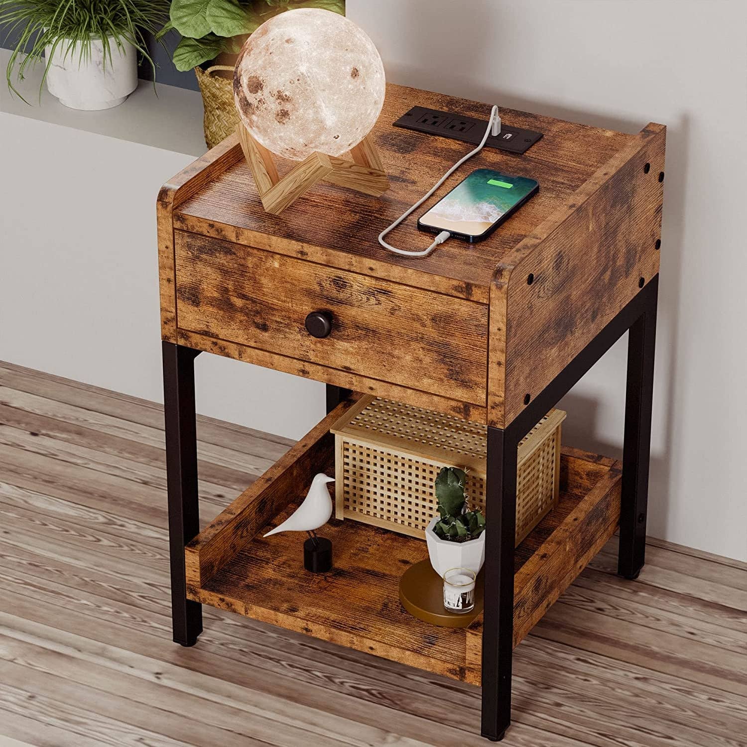 Bedside Table With Charging Station In Vintage Brown for wholesale on Faire8