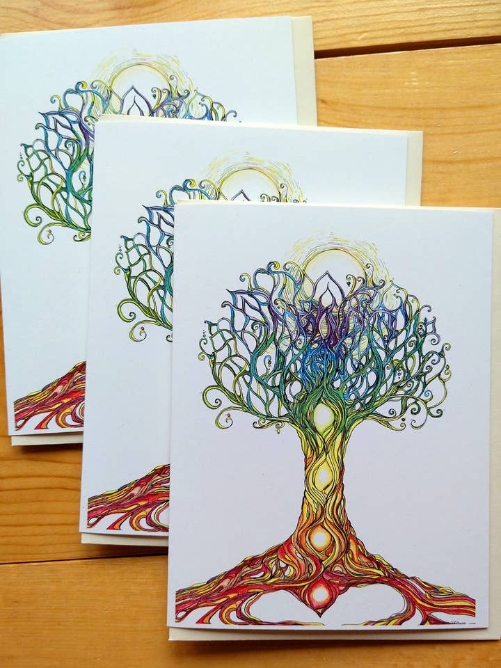 Chakra Tree Card (3 individually wrapped, blank) for wholesale by Under the Ash Tree