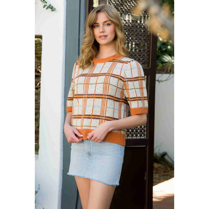 Geruite Halve Mouw Gebreide Top voor wholesale door THML