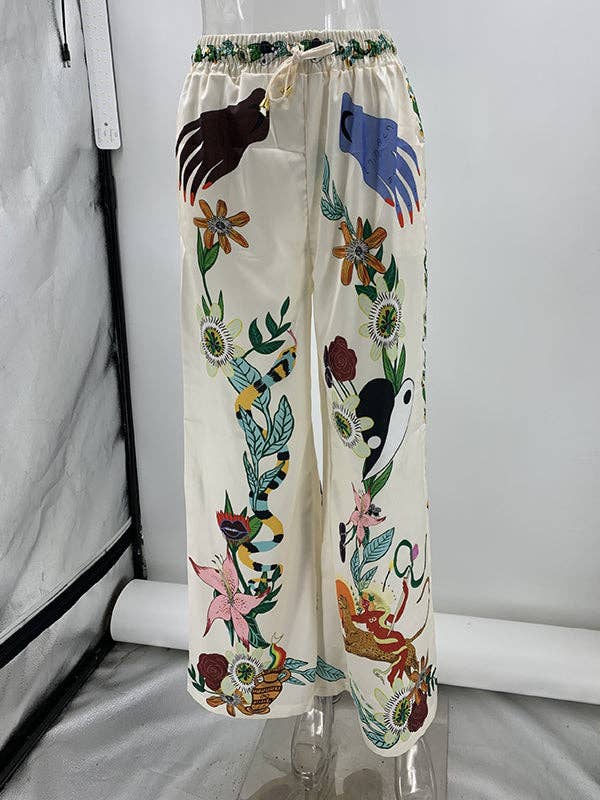 APRICOT Half Sleeves Loose Buttoned Flower Print Pockets Lapel T-Shirt Top + Drawstring Elasticity Pants Bottom Two Pieces Set for wholesale on Faire7