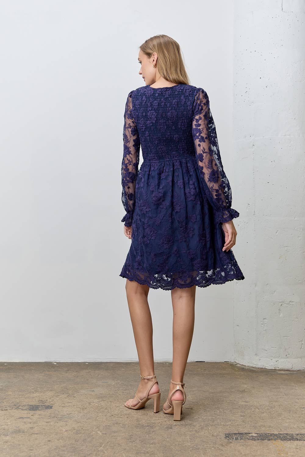 NAVY LACE V-NECK SMOCKED BODICE DRESS for wholesale on Faire2