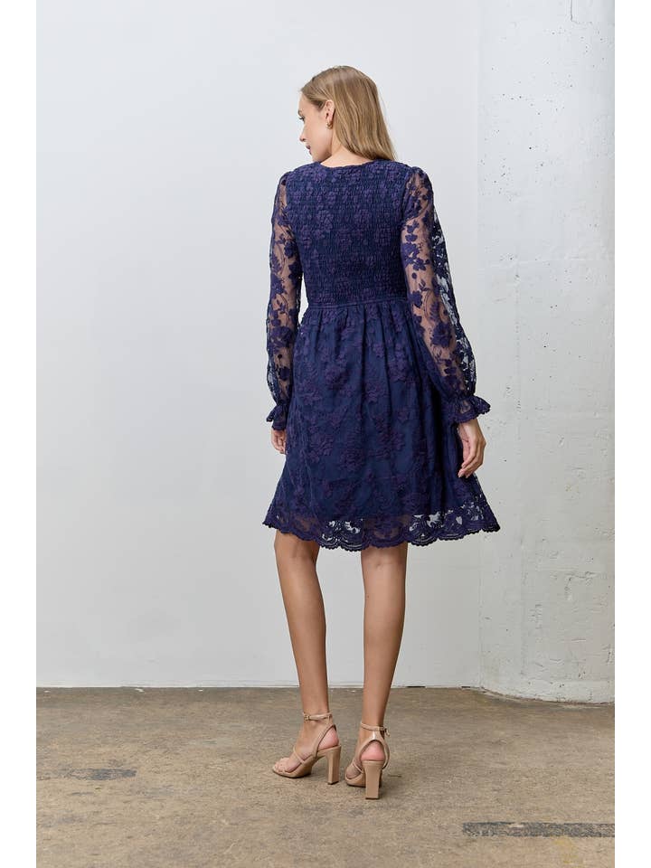 NAVY LACE V-NECK SMOCKED BODICE DRESS for wholesale on Faire2