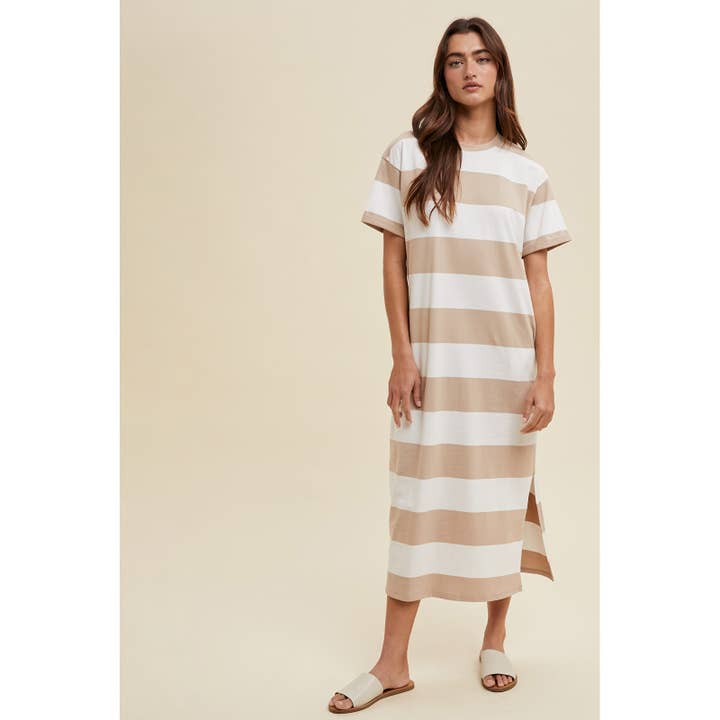 Casual Striped T-Shirt Midi Dress with Side Pockets and Slit for wholesale by Apolline