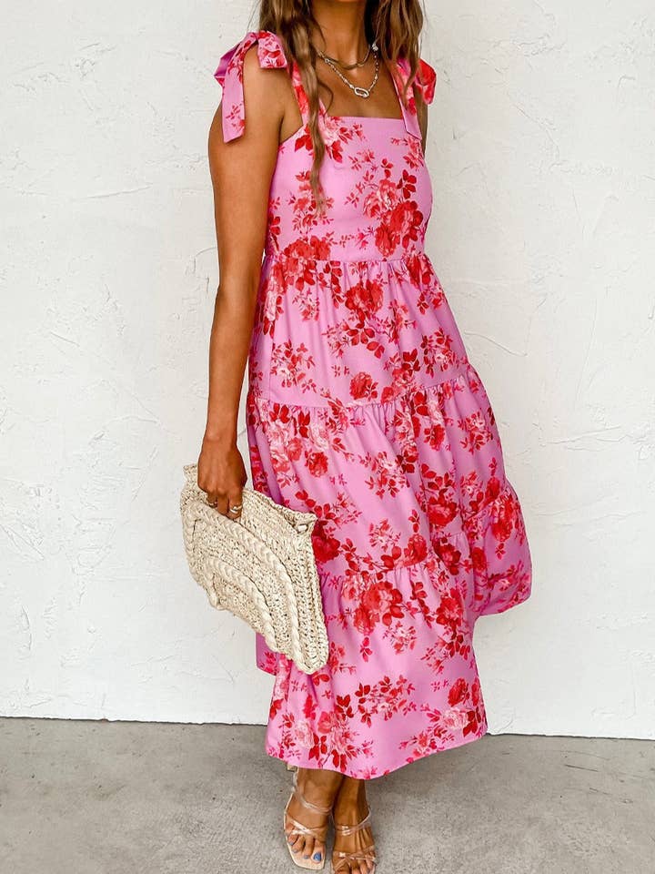Pink Floral Tie Strap Midi Dress for wholesale on Faire