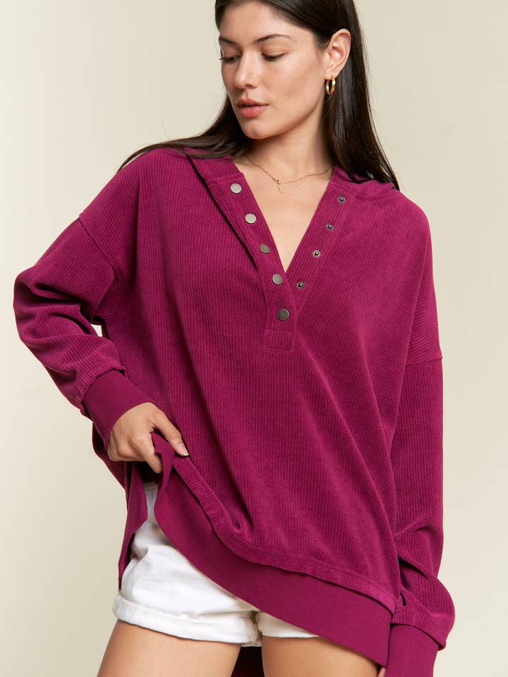 JADE BY JANE - Wholesale Hoodie - Women's - Long Sleeve Button Down Ribbed Hooded Sweatshirt JJT50701