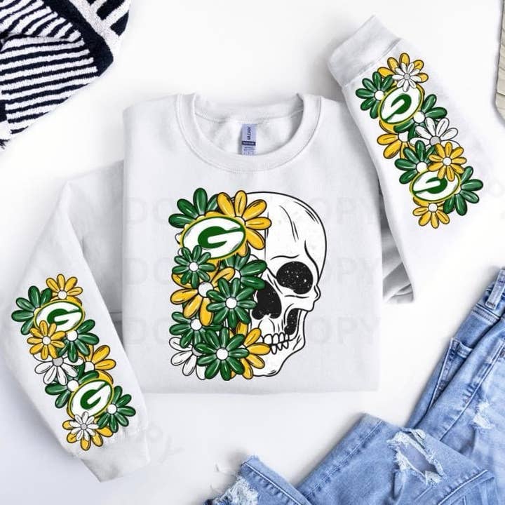 Green Bay Floral Skull : Game Day- Sweatshirt for wholesale by Cash & Drix Wholesale