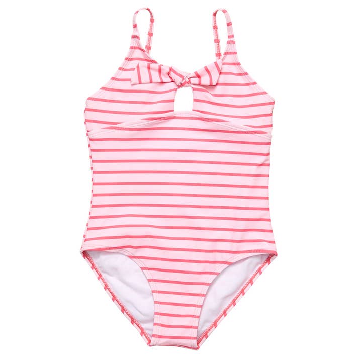 Coral Stripe Sustainable Bow Swimsuit for wholesale by Snapper Rock Swimwear UPF50+