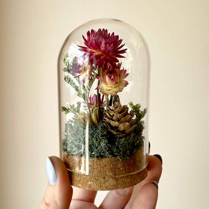 Large Botanical Glass Terrarium Jar w. Pink Dried Florals for wholesale by CA Studios