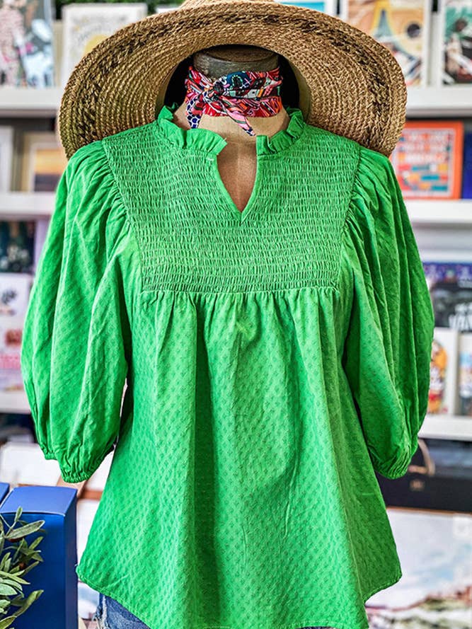 UNISHE - Wholesale Blouse - Women's - Textured V Neck Smocked Puffy Sleeves Blouse Top BBSP018
