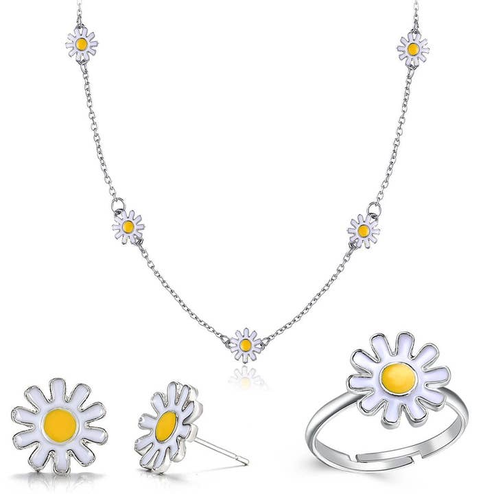 3 Piece Daisy Flower 18K White Gold Plated Jewelry Set for wholesale by Golden NYC Jewelry