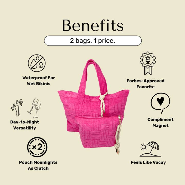 Bette - Wholesale Tote Bag - Women's - Rosa Pink Terry Cloth Weekender Bag Set w/ Waterproof Clutch5