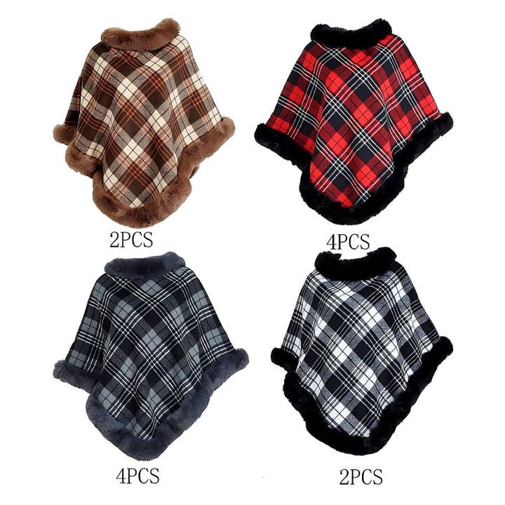 Diacly - Wholesale Poncho - Women's - 12pk Checked Pattern Faux Mink Fur Edge Poncho1