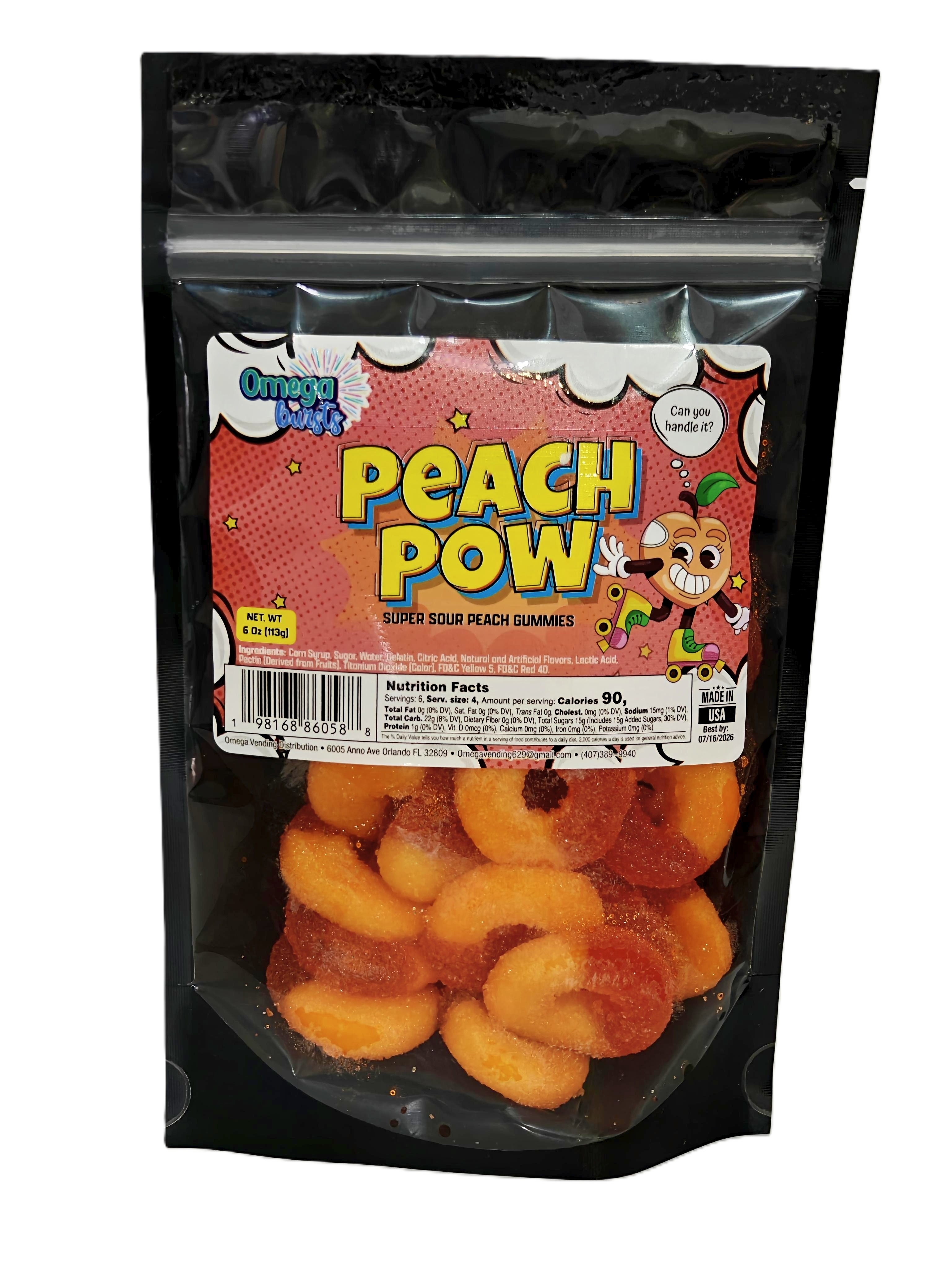 Omega Bursts - Wholesale Gummy - Omega Bursts Peach Pow – Super Sour Peach Gummies (6 oz)0