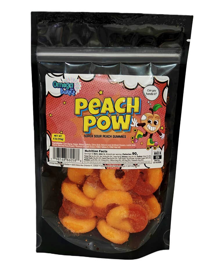 Omega Bursts Peach Pow – Super Sour Peach Gummies (6 oz) for wholesale by Omega Bursts