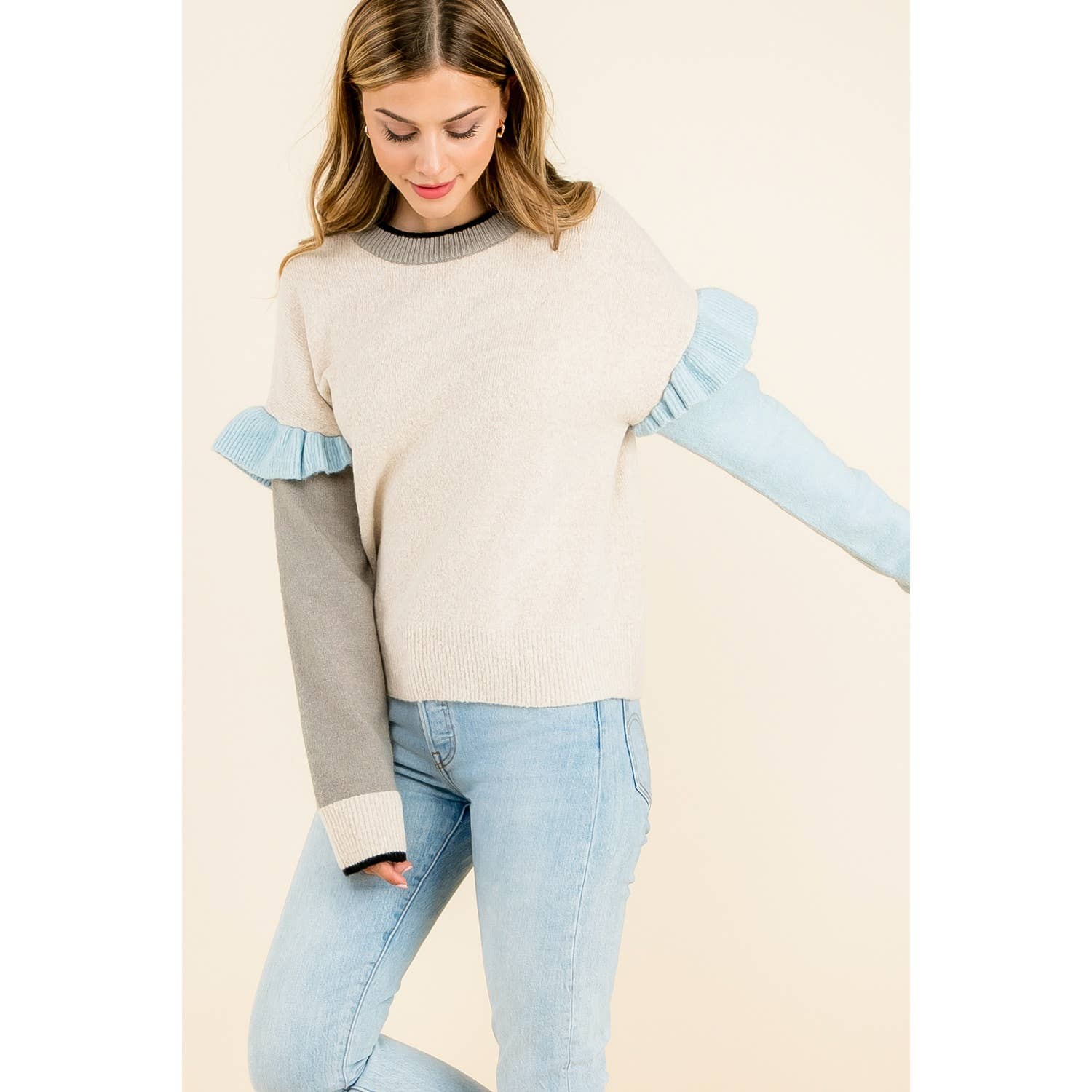 BEIGE Maglione a blocchi di colore con maniche a balze in vendita all'ingrosso su Faire1