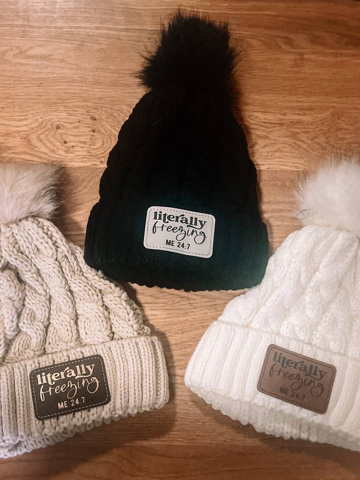 Cable Knit Hat with Patch - Literally Freezing ME 24:7 for wholesale by LivaBella Designs