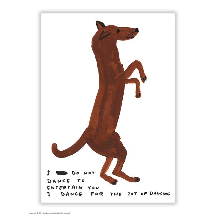Funny A6 Art Postcard By David Shrigley - Dancing Dog for wholesale by David Shrigley x Brainbox Candy
