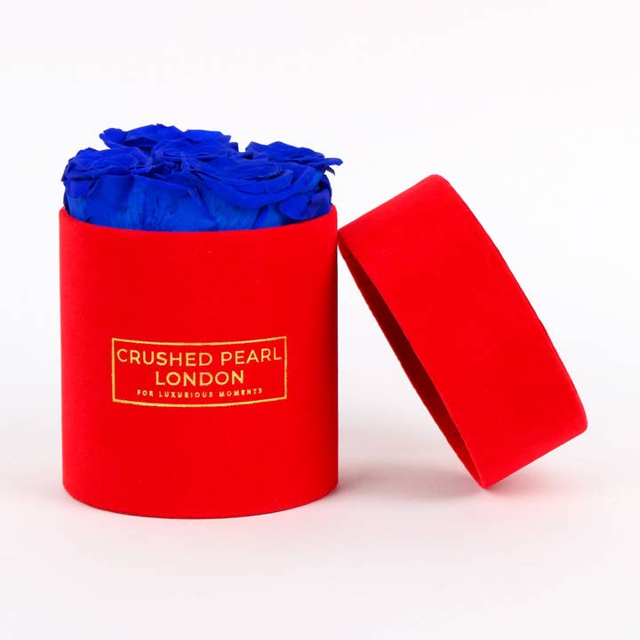 Blue Forever Roses - Small Red Suede Hatbox for wholesale by Crushed Pearl