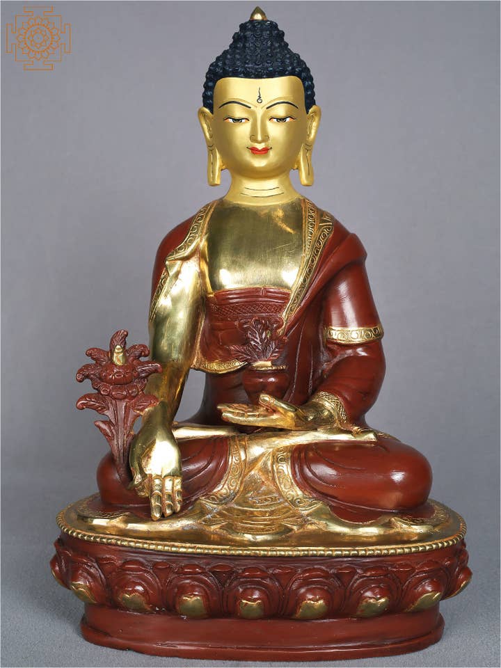 13-Zoll-Kupfer-Idol der buddhistischen Gottheit Medicine Buddha für den Großhandel von Exotic India Art