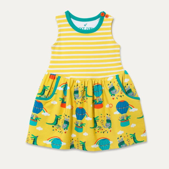 Ducky Zebra: Sustainable Kids' Clothes - Wholesale Dress - Kids - Organic Cotton Sleeveless Dress with Pockets and Hot Air Balloon Print0