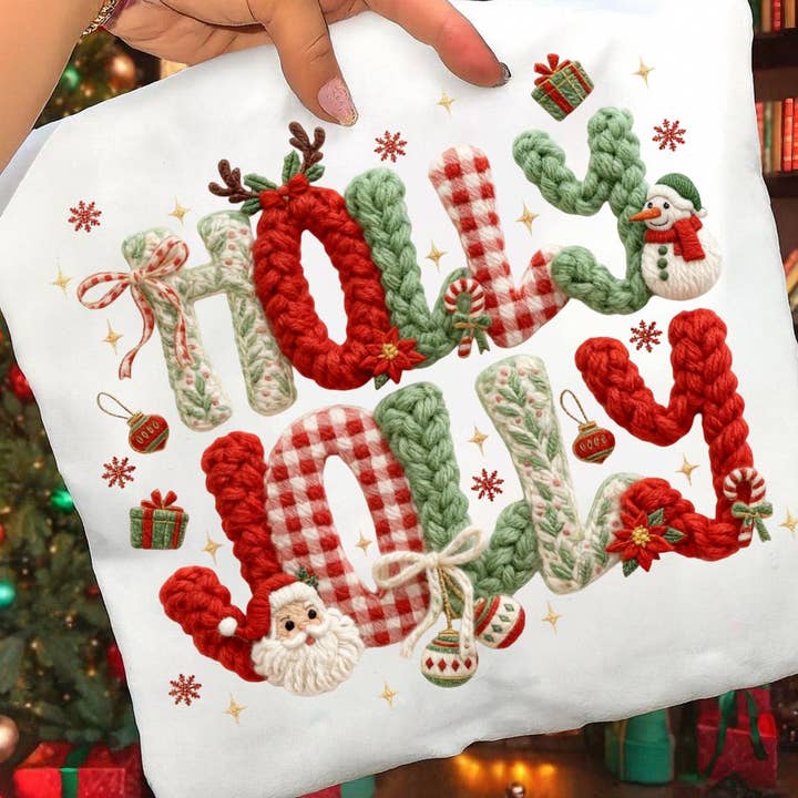 NVC Ecommerce LLC - Wholesale Graphic Sweatshirt - Women's - Faux Yarn Crochet Holly Jolly Christmas Tee, Xmas Sweatshirt