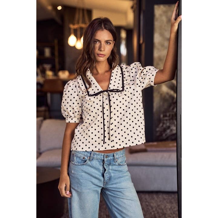 Söt Hållning Prickig Banddetalj Blus Topp för wholesale av IVE