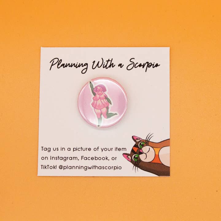 1 Inch Pink Flower Femme Pin Badge for wholesale by Rye & Co.