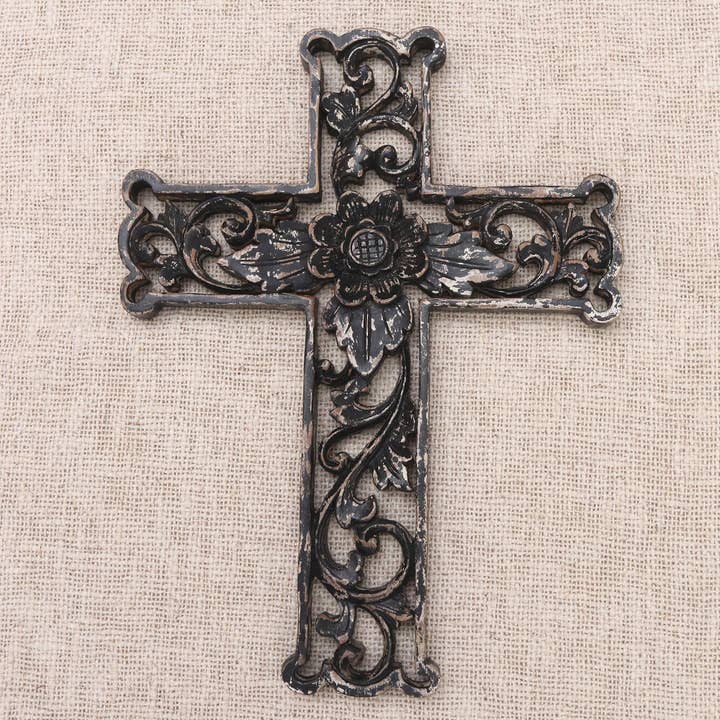 Novica Handmade Antiqued Lotus Cross Wood Wall Cross for wholesale by NOVICA