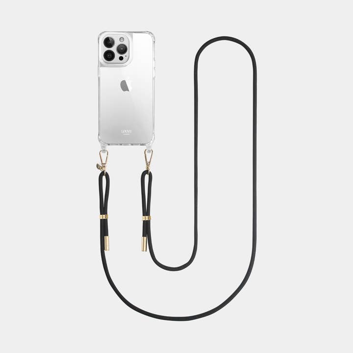 Classic Clear Case + Mystique Black Crossbody Strap (Gold) for wholesale by Louve Collection