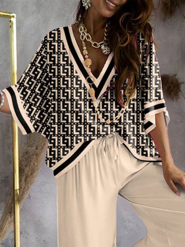 KHAKI Urban Loose Printed V-Neck T-Shirts Tops& Drawstring Wide Leg Pants Suits for wholesale on Faire