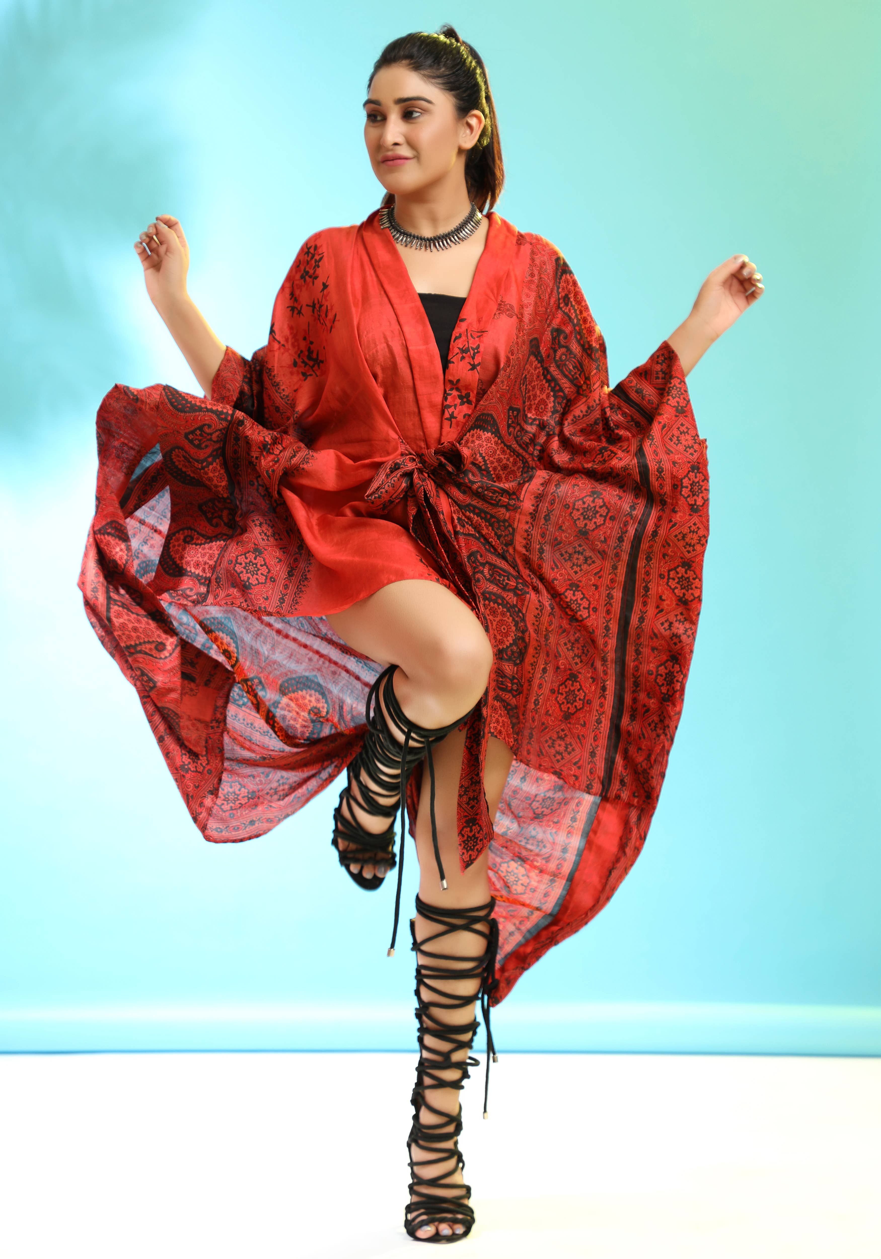 Studio Swiatlo - Wholesale Kaftan - Women's - Silk Saree Kaftan Dress - Orange Tones