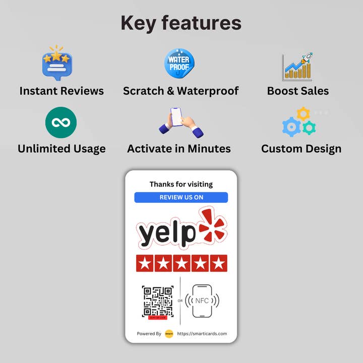 Smarti Cards - Wholesale Business Card Holder - Yelp Review Card - Tap or Scan QR Code - Boost Your Restaurant Reviews with Ease