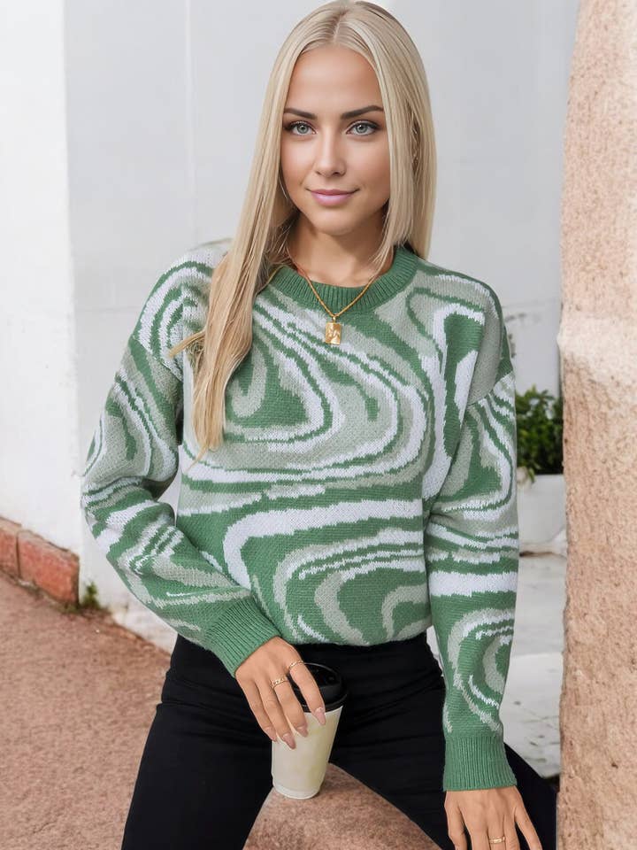 Women's Abstract Wave Pattern Knit Sweater with Crew Neck for wholesale by Anna Kaci Wholesale