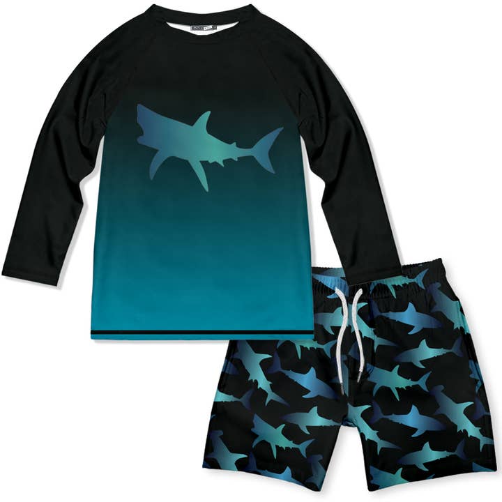Boys Black Shark Long-Sleeve Rashguard Swimsuit for wholesale by Millie Loves Lily