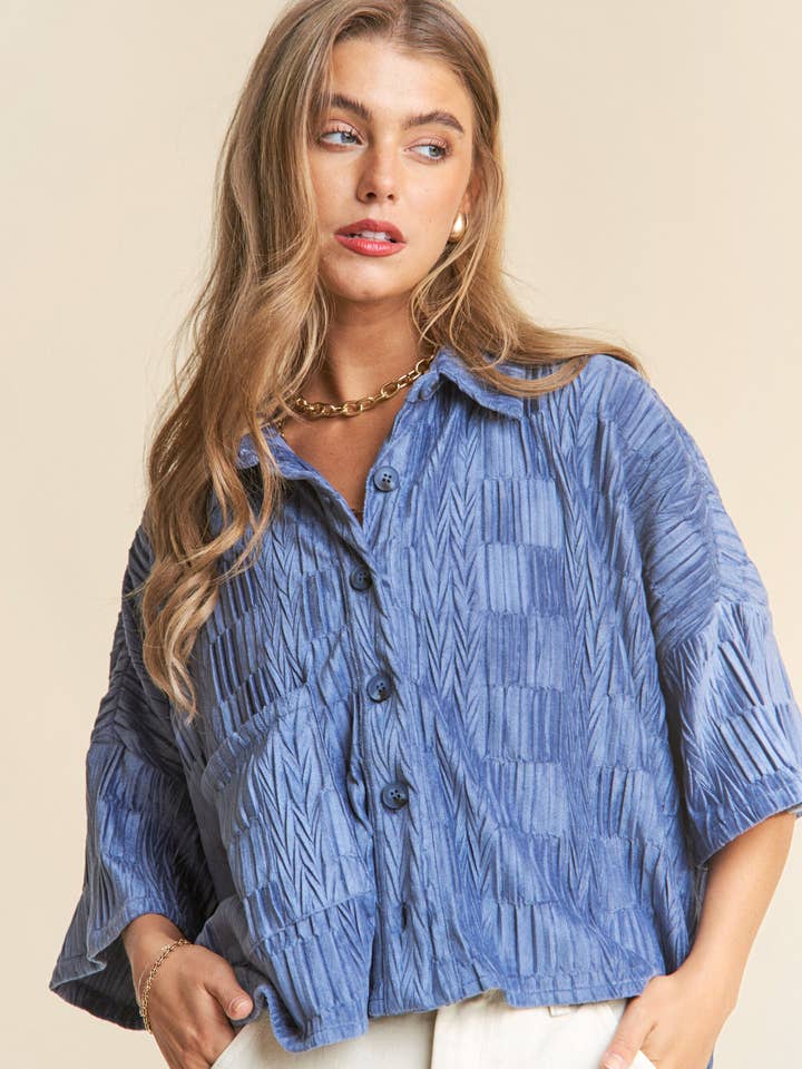 Stretchy Plisse Drop Shoulder Button Up for wholesale by J.NNA