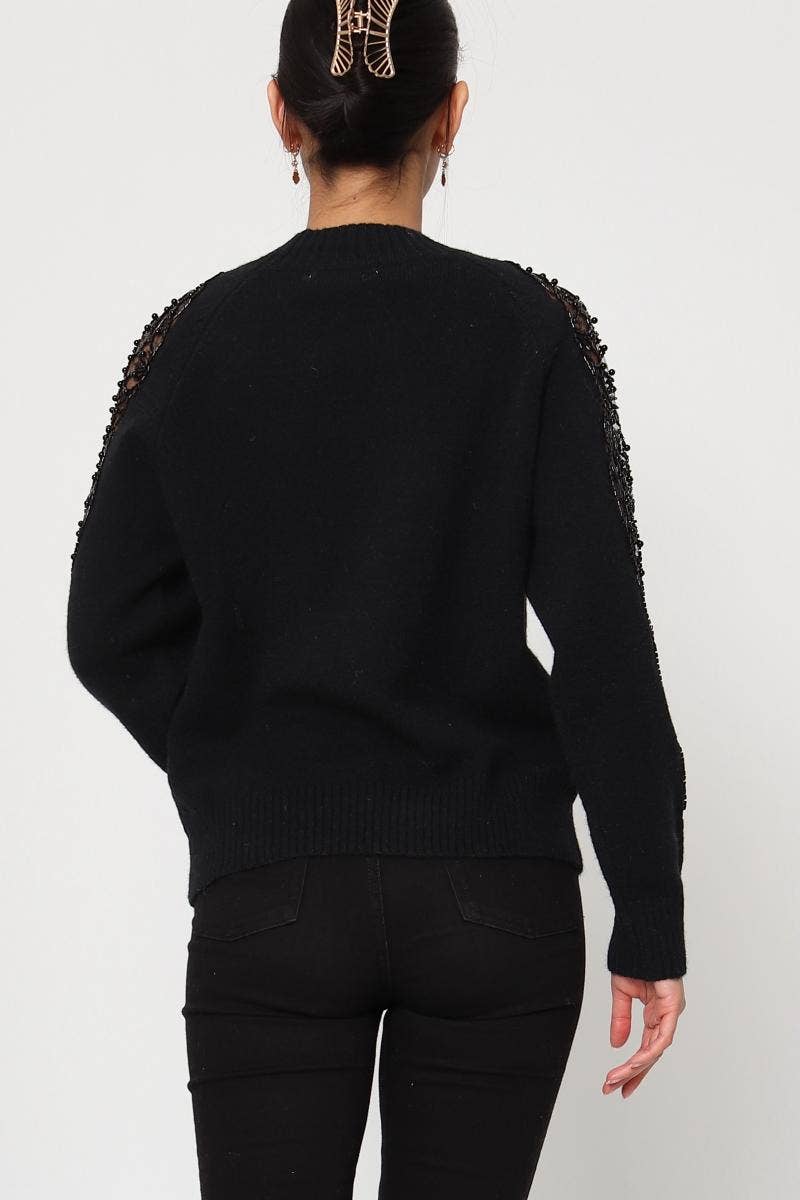 DIX-ONZE - Wholesale Knit Sweater - Women's - Soft Knit Sweater – Sequin & Pearl Details on Sleeves2