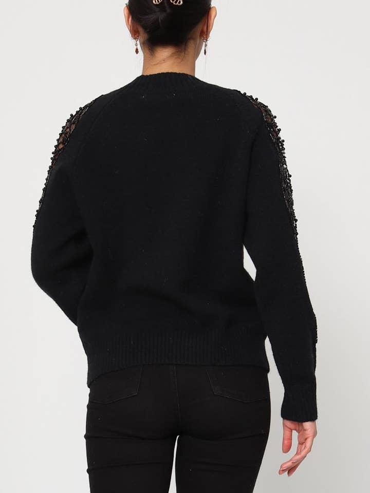 DIX-ONZE - Wholesale Knit Sweater - Women's - Soft Knit Sweater – Sequin & Pearl Details on Sleeves2