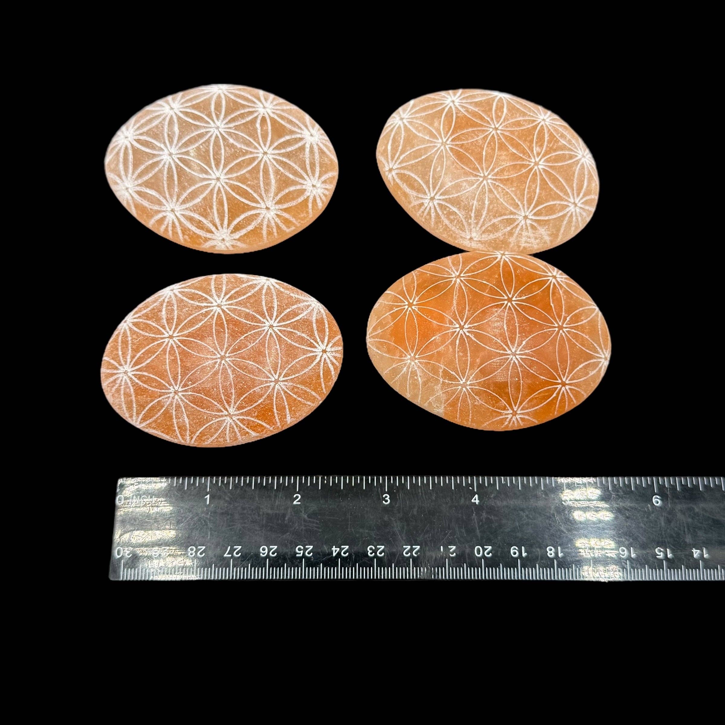 Funky Stuff - Wholesale Spiritual Stone/Crystal - Peach Selenite Engraved Palmstone - Flower Of Life2