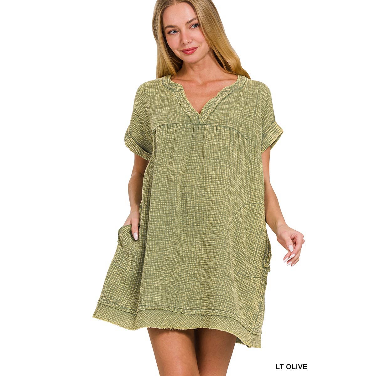 Apolline – Großhandel Kleid – Damen – GEWASCHENES KLEID MIT V-AUSSCHNITT AUS DOPPELTER GAZE MIT OFFENEN KANTEN9