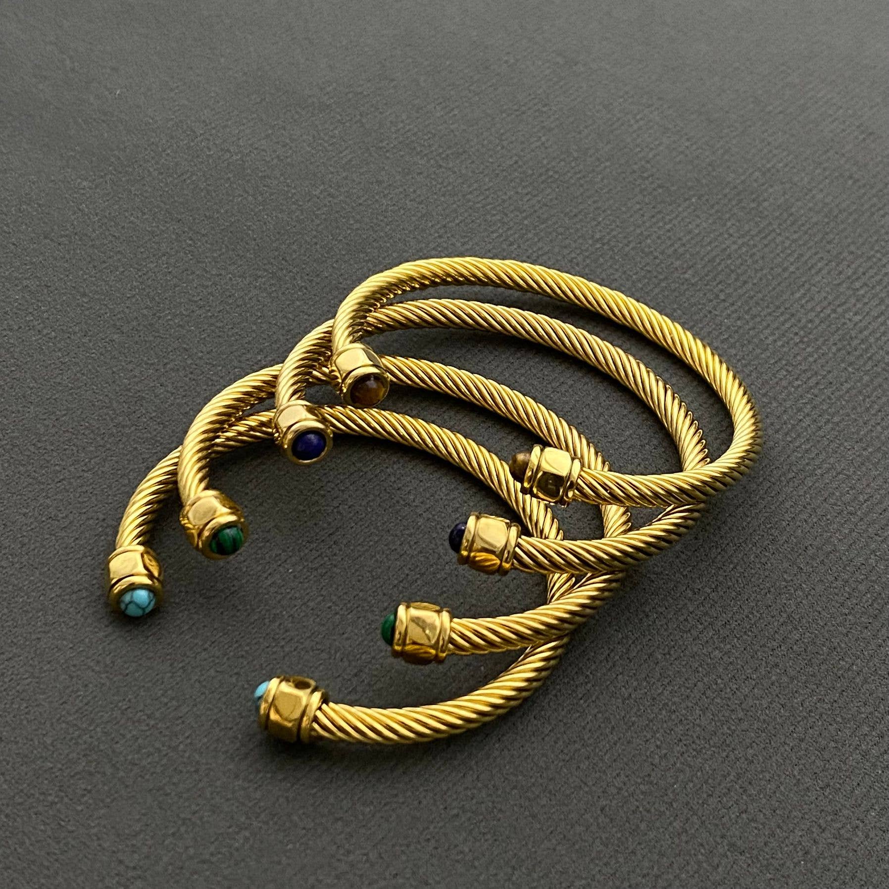 Mio Queena - Wholesale Cuff Bracelet - Inlaid Stone 18K Gold Plated Stainless Steel Spiral Cuff-FGS5