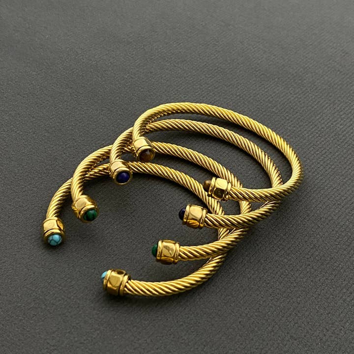 Mio Queena - Wholesale Cuff Bracelet - Inlaid Stone 18K Gold Plated Stainless Steel Spiral Cuff-FGS5