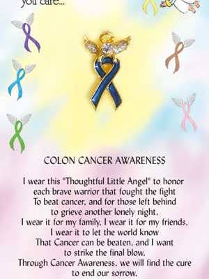 Épinglette en forme d'ange de sensibilisation au cancer du côlon pour la vente par Thoughtful Little Angels