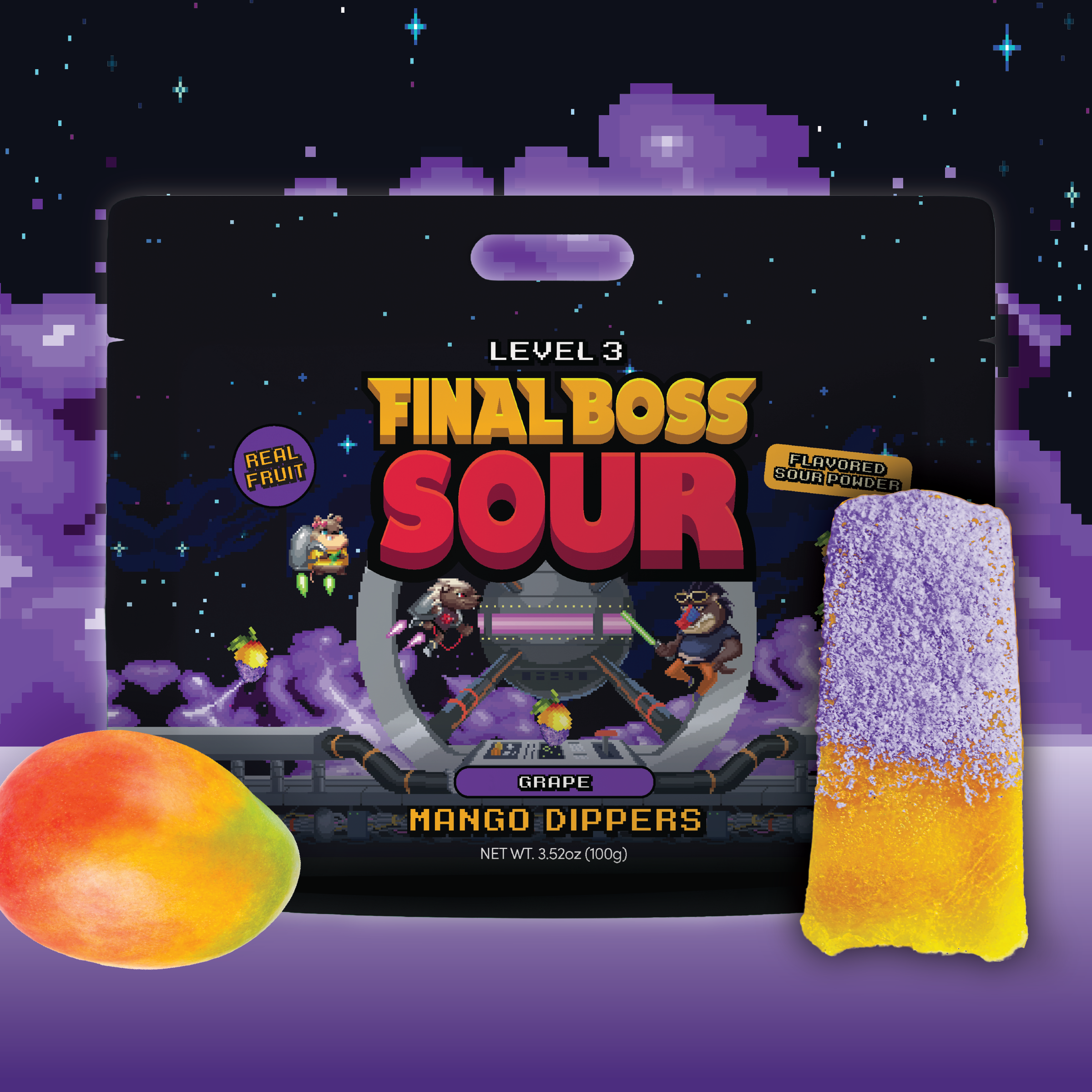 Final Boss Sour - Wholesale Gummy - Mango Dippers 1-Pack (Blue Razz, Green Apple, Grape, Cherry)2