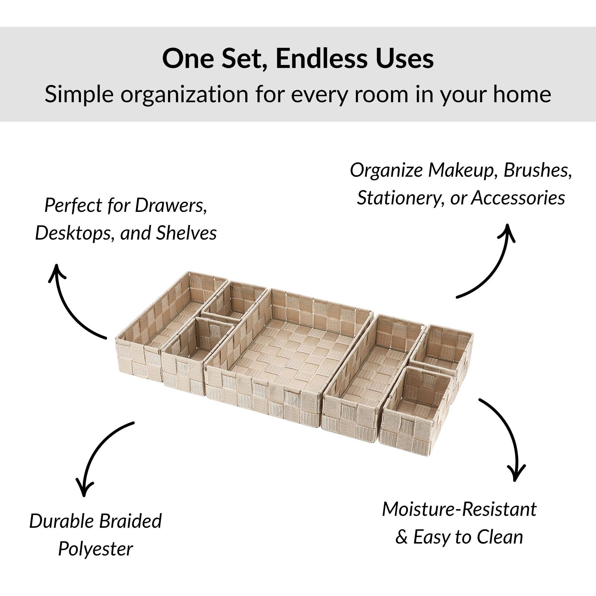 Evideco French Home Goods - Wholesale Drawer Organizer - 7-Piece Braided Polyester Drawer Divider Set - Beige6